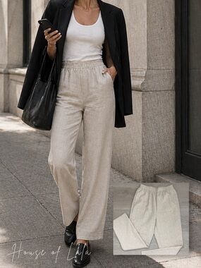 90s Minimalist High Waisted Tailored Trouser. Beige Pants. Straight Leg Elastic